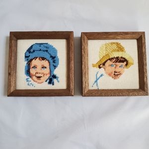 Vintage farmer boy and girl cross stitch pictures